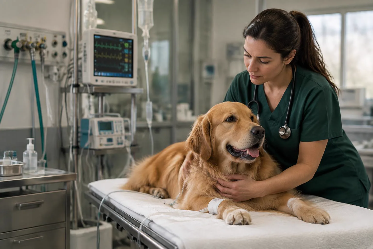 Médica-veterinária monitorando um cão em uma unidade de terapia intensiva